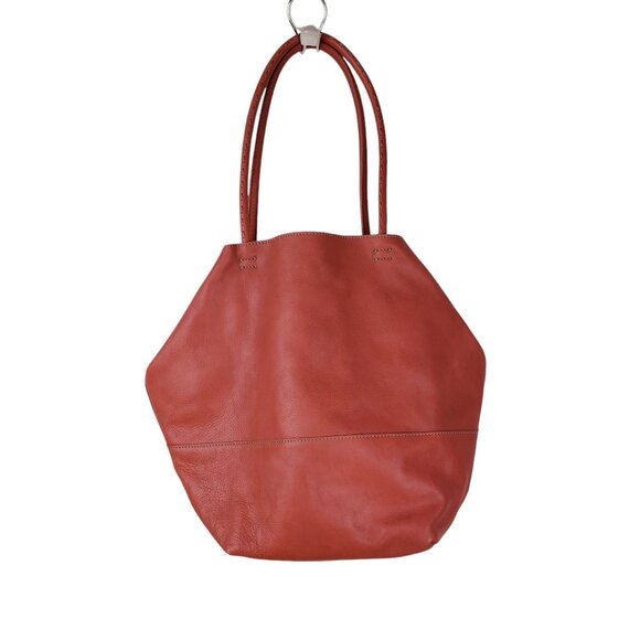 J Jill Coral Leather Tote Bag Purse Removable Pocket Hexagonal Unlined - Picture 1 of 13